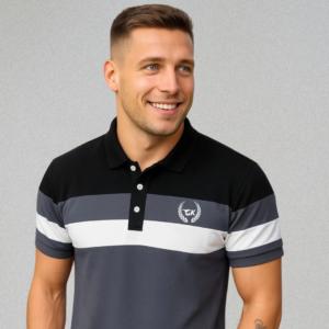 Men's striped polo neck cotton blend multicolor T-shirt featuring a classic polo collar, half sleeves, soft breathable fabric, and a comfortable fit for casual and smart casual wear.