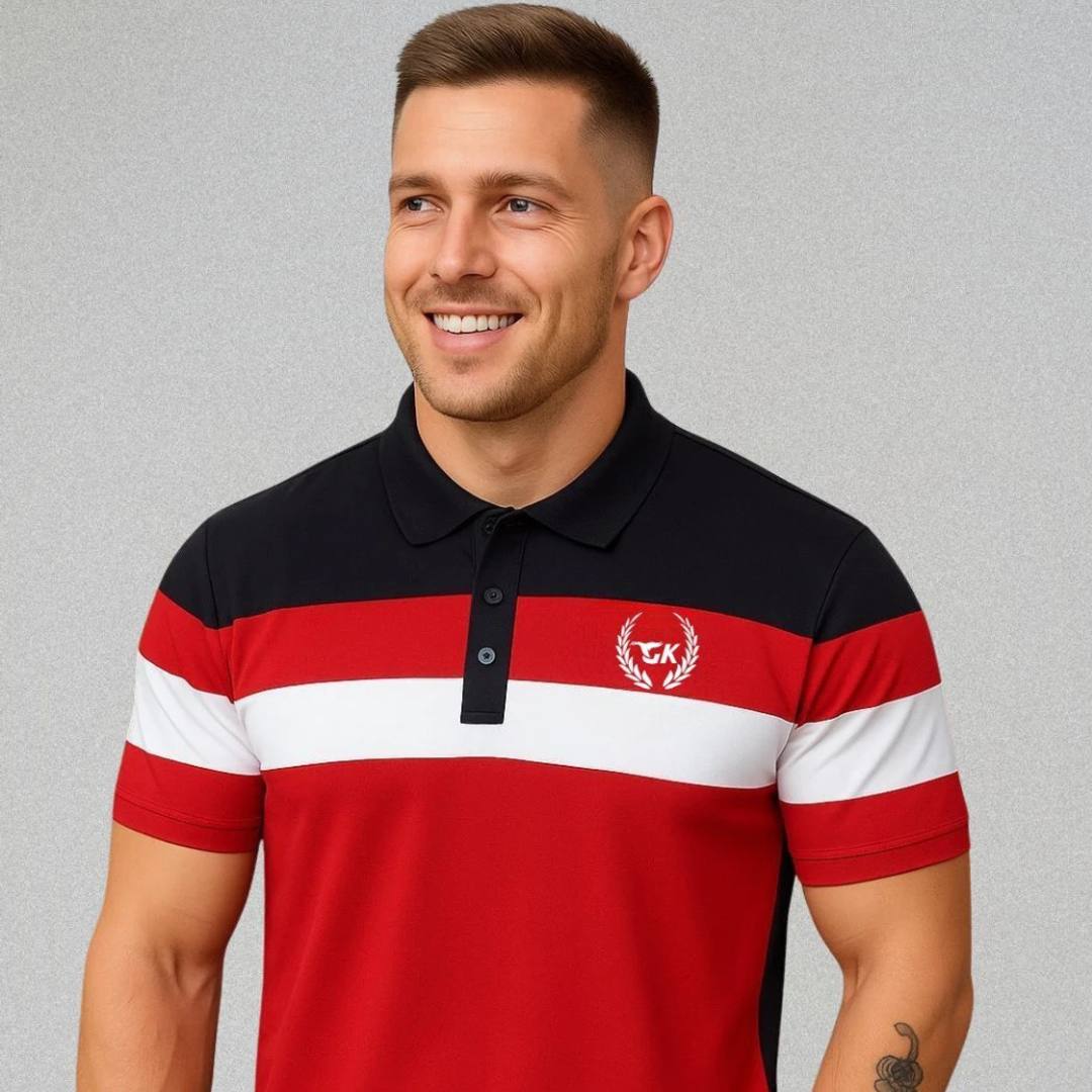 Men's striped polo neck cotton blend multicolor T-shirt featuring a classic polo collar, half sleeves, soft breathable fabric, and a comfortable fit for casual and smart casual wear.
