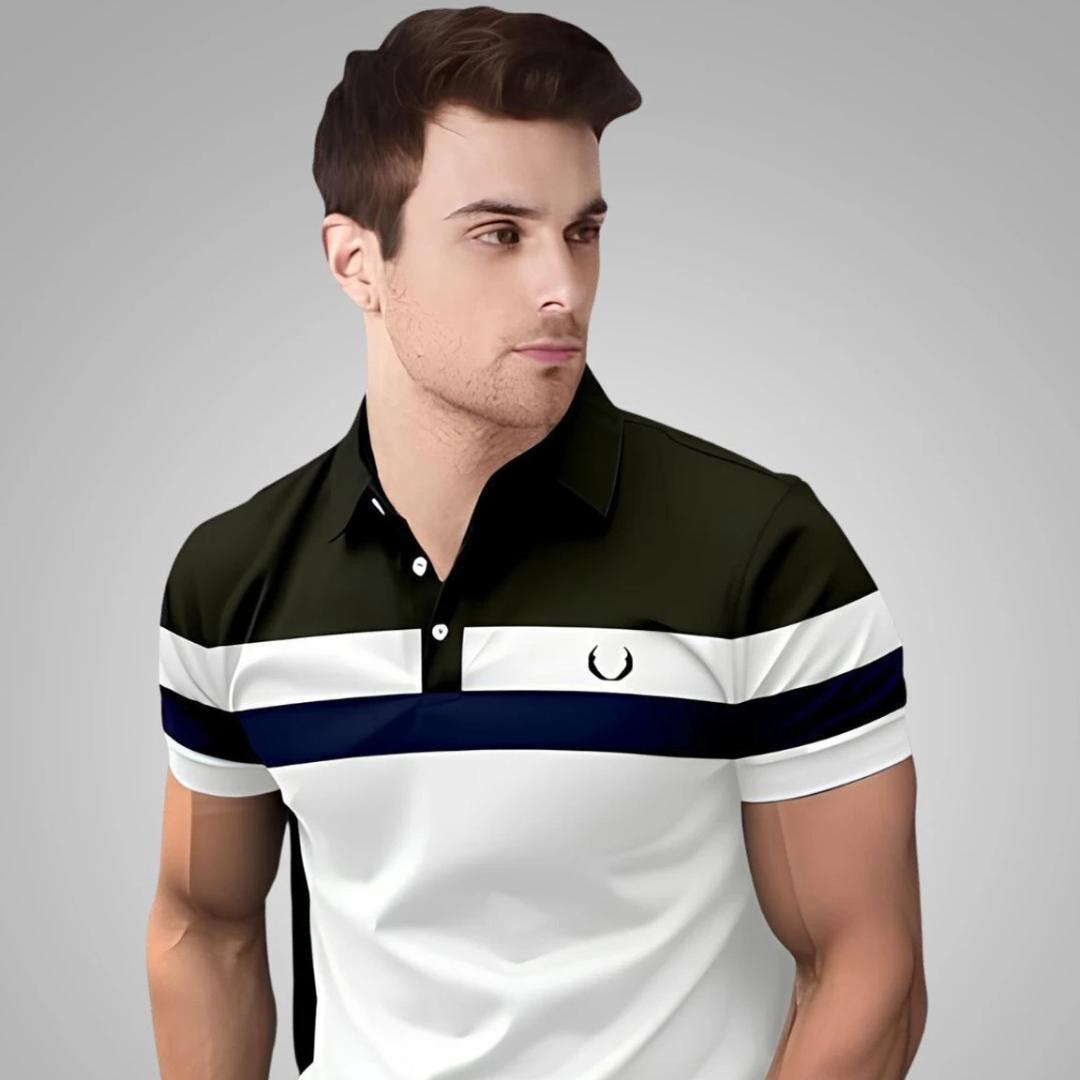 Men's striped polo neck cotton blend multicolor T-shirt featuring a classic polo collar, half sleeves, soft breathable fabric, and a comfortable fit for casual and smart casual wear.