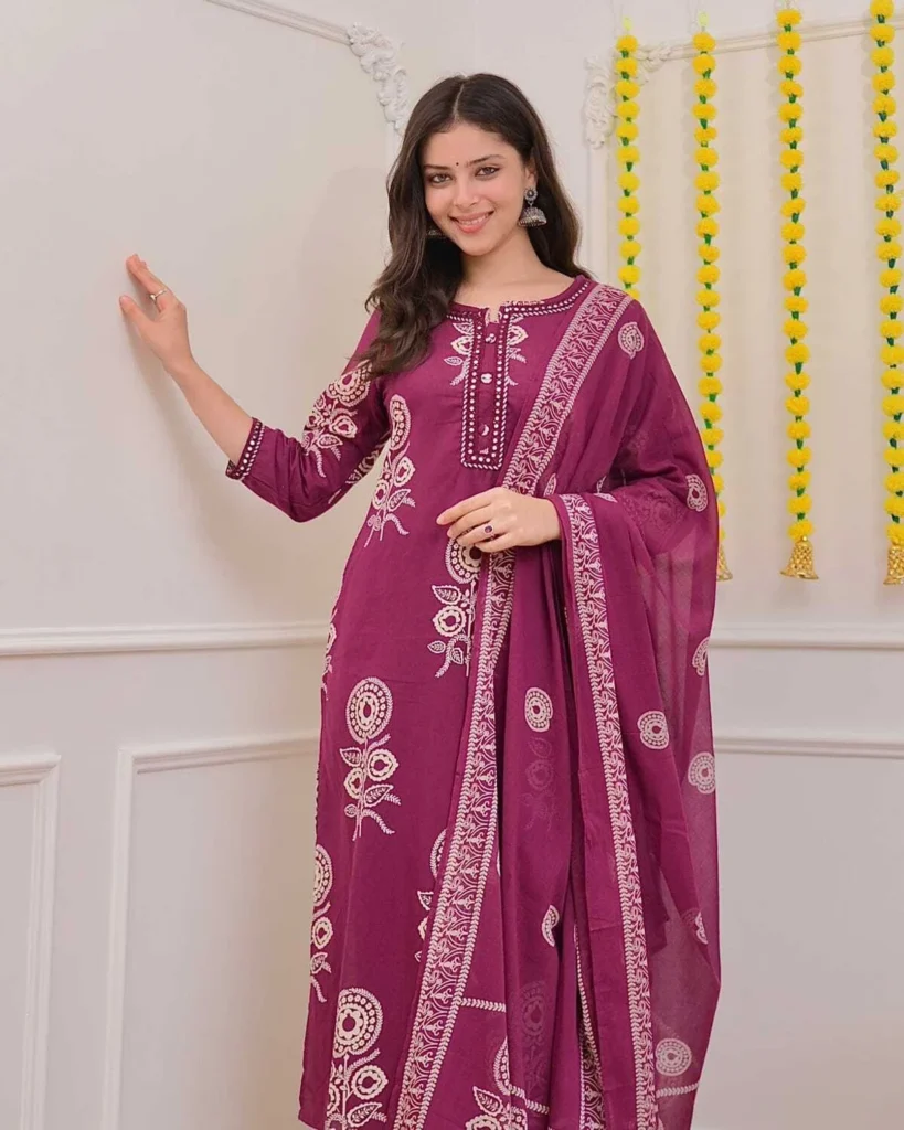 NISHA FASHION women's printed kurta, palazzo and dupatta set featuring elegant ethnic prints, comfortable fabric, matching palazzo pants, and stylish dupatta for festive and casual occasions.