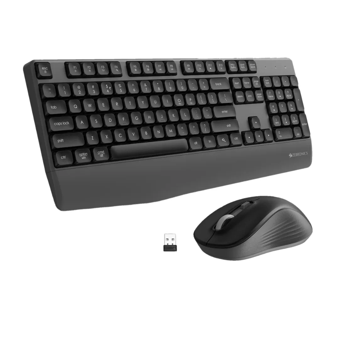 ZEBRONICS Companion 202 wireless standard desktop keyboard and mouse combo with USB nano receiver, compatible with Windows desktops and laptops, black color.