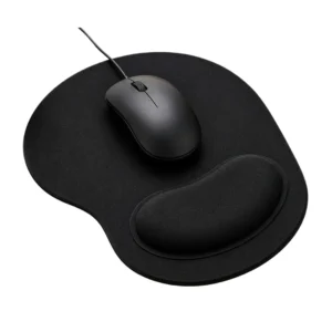 DeskMate black ergonomic wrist support mouse pad with smooth surface and anti-slip rubber base for office work, study, and gaming.