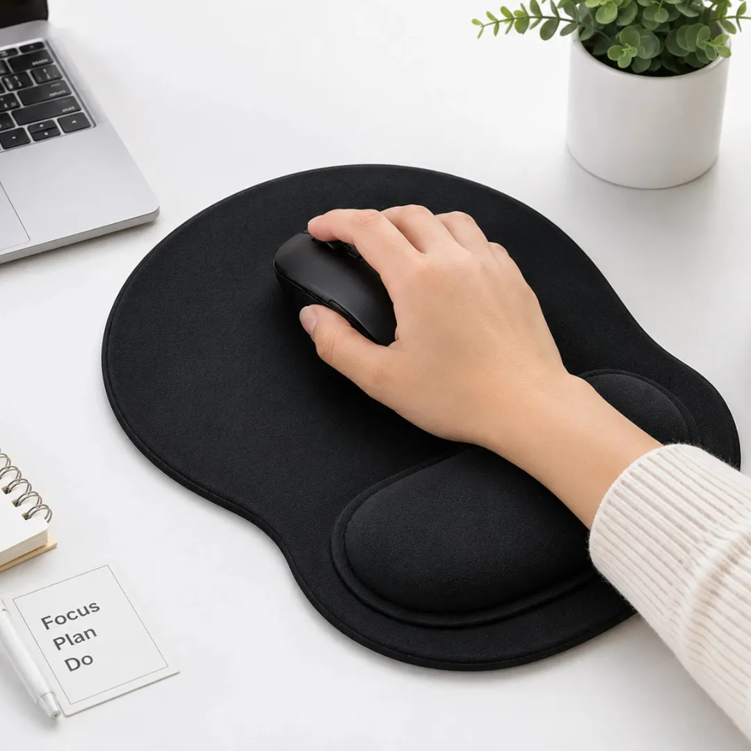 DeskMate black ergonomic wrist support mouse pad with smooth surface and anti-slip rubber base for office work, study, and gaming.