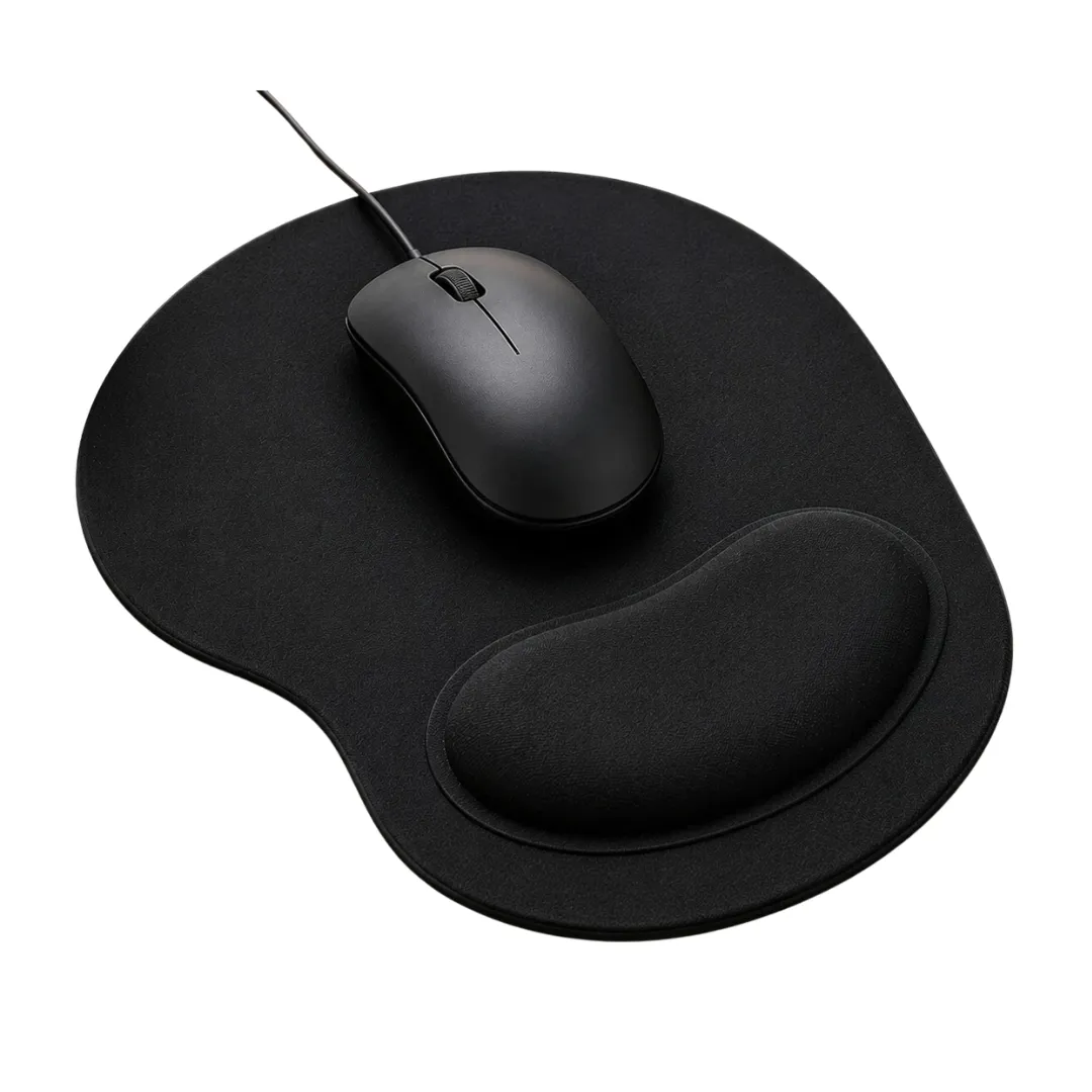 DeskMate black ergonomic wrist support mouse pad with smooth surface and anti-slip rubber base for office work, study, and gaming.