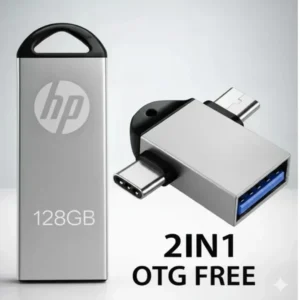 HP 128GB USB pen drive with free 2-in-1 OTG connector for desktops, laptops, smartphones, and tablets, portable high-speed flash storage. Caption