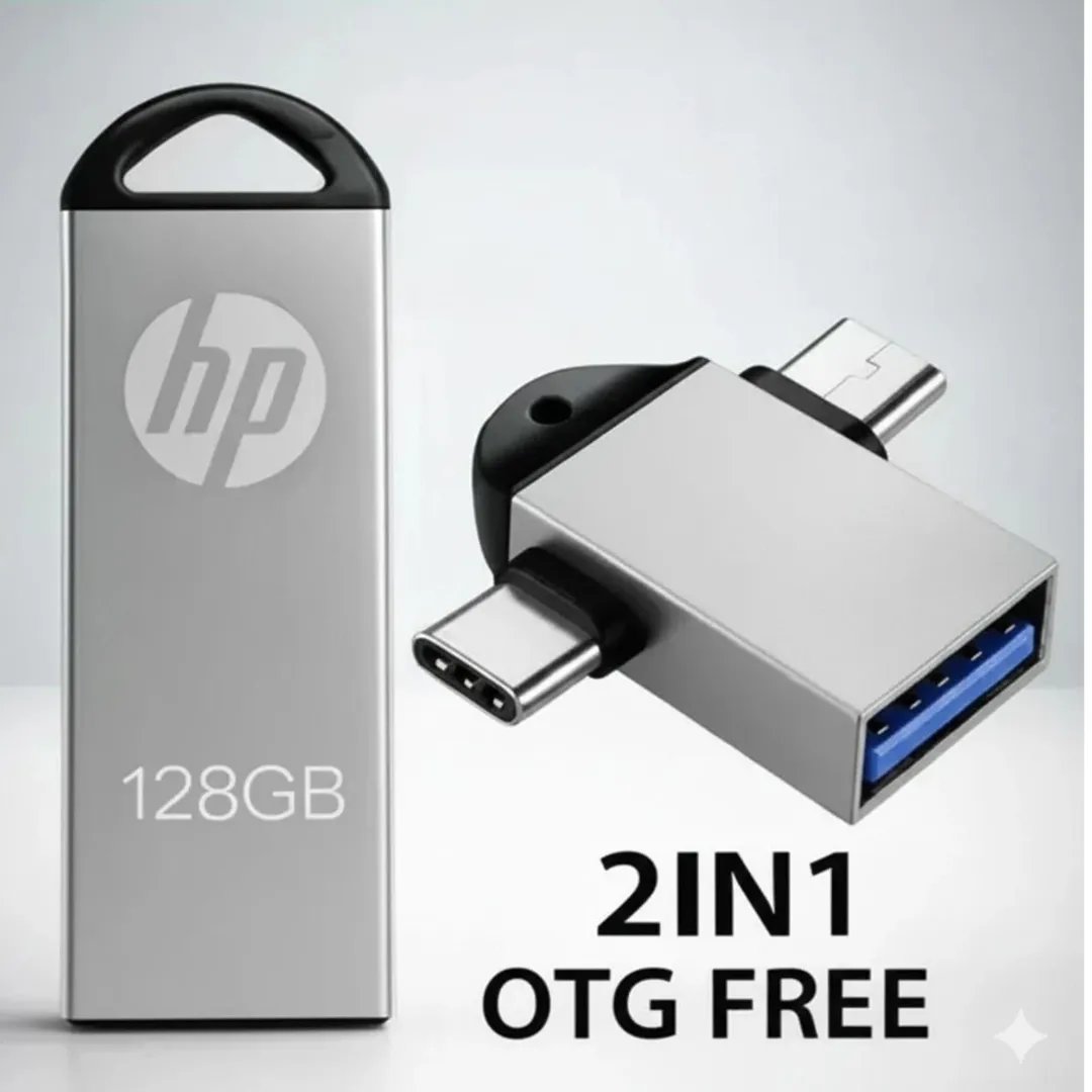 HP 128GB USB pen drive with free 2-in-1 OTG connector for desktops, laptops, smartphones, and tablets, portable high-speed flash storage. Caption