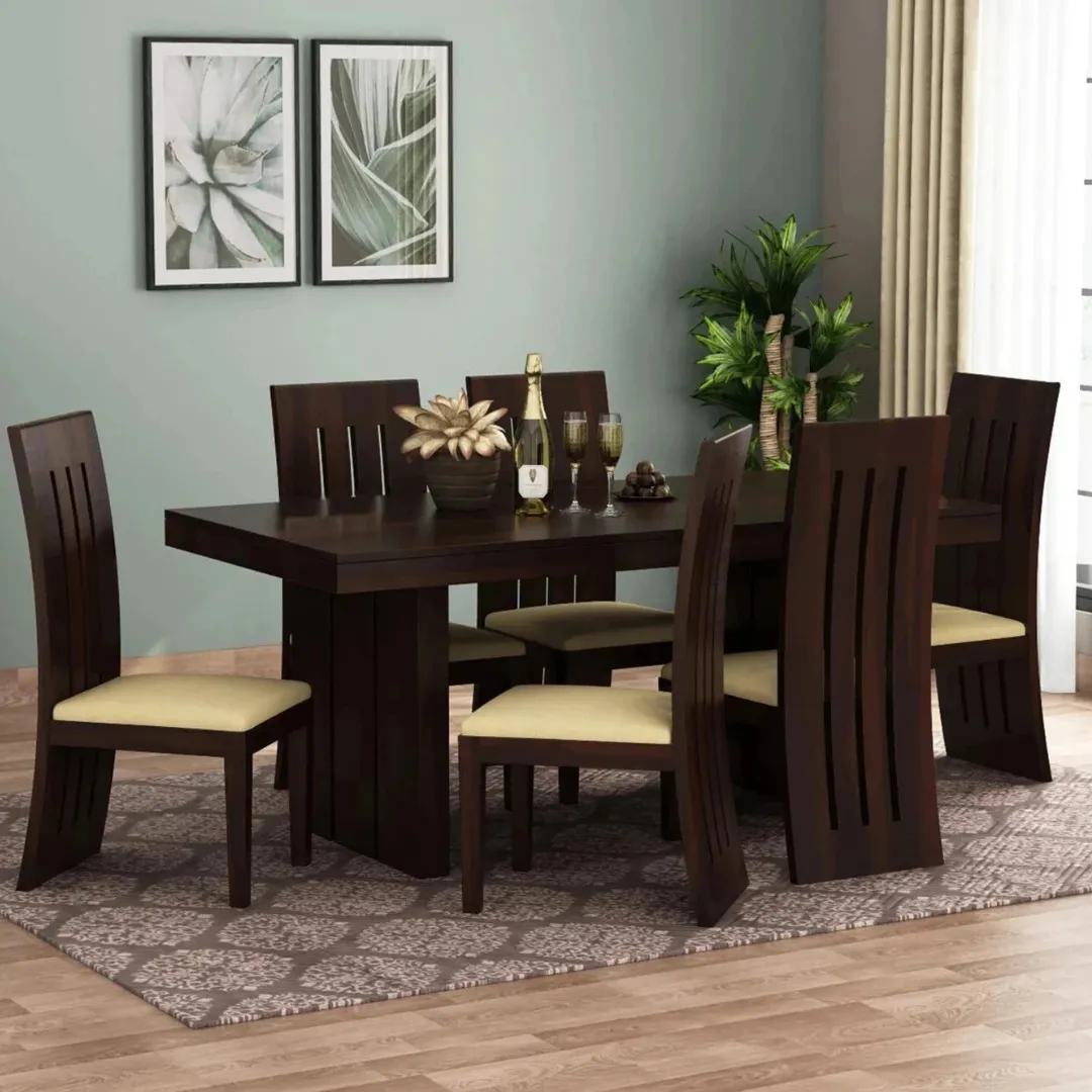 Devsignature Sheesham Wood 6 Seater Wooden Dining Set featuring a premium solid Sheesham wood dining table with six matching chairs, ideal for modern homes, family dining, and elegant interiors.