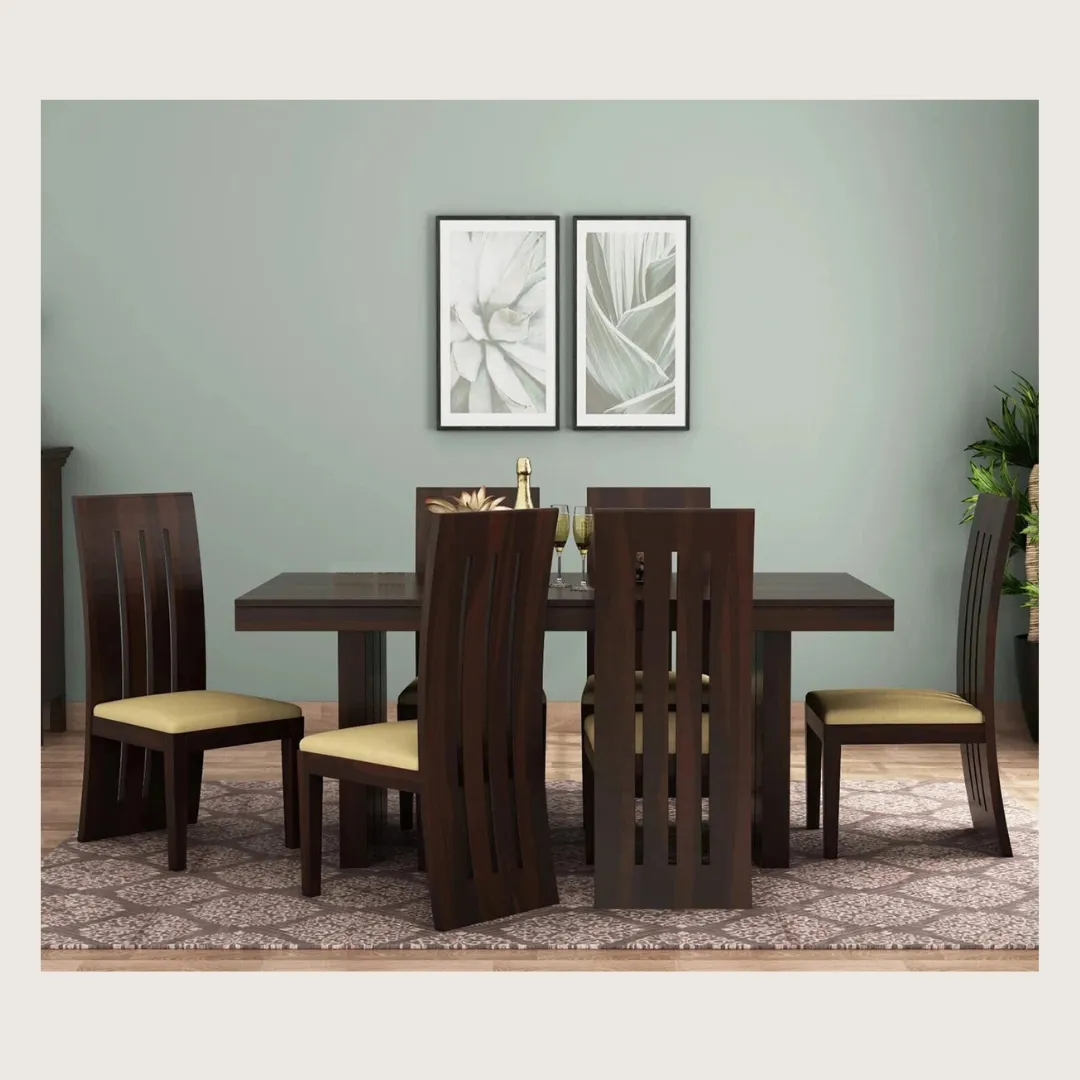 Devsignature Sheesham Wood 6 Seater Wooden Dining Set featuring a premium solid Sheesham wood dining table with six matching chairs, ideal for modern homes, family dining, and elegant interiors.