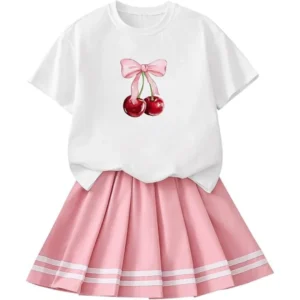 Girls 2 Piece Summer Outfit featuring a cute graphic short sleeve top paired with a stylish pleated skirt, designed for comfortable everyday wear, parties, vacations, and casual outings.