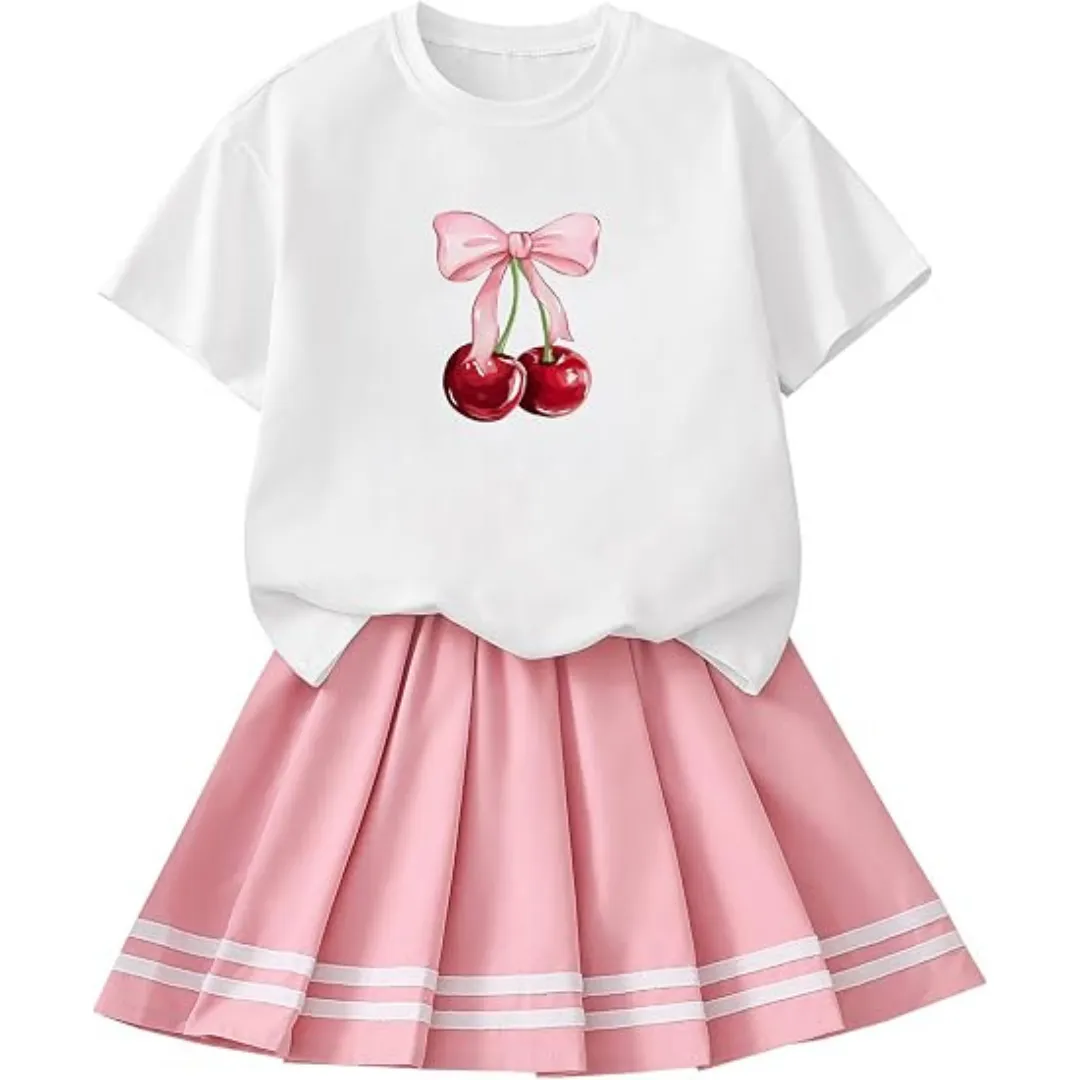 Girls 2 Piece Summer Outfit featuring a cute graphic short sleeve top paired with a stylish pleated skirt, designed for comfortable everyday wear, parties, vacations, and casual outings.