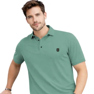 VeBNoR Men Solid Polo Neck Polyester Light Green Half Sleeve T-Shirt featuring a textured fabric, classic polo collar, three-button placket, and comfortable regular fit for casual and smart casual wear.