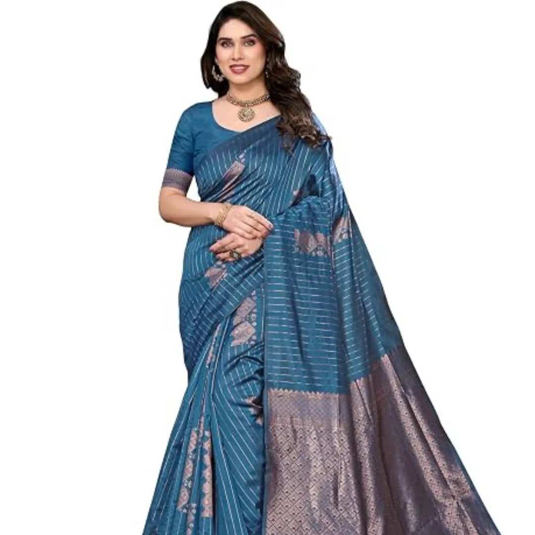 Women's Litchi Silk Banarasi Silk Saree (Meena) featuring luxurious woven zari work, elegant Banarasi pattern, rich pallu, and matching blouse piece for weddings, festivals, and special occasions.