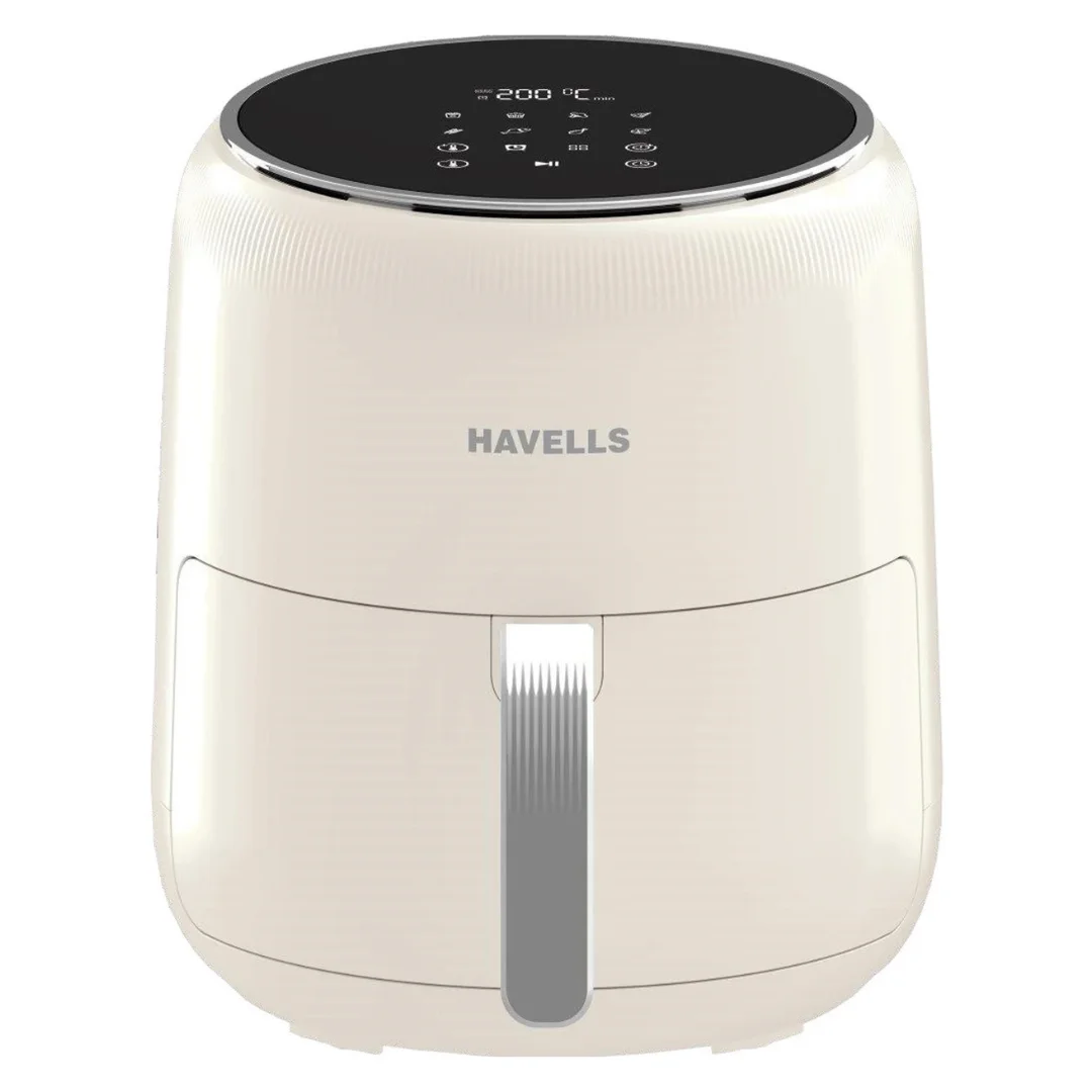 Havells lvory air fryer with transparent cooking window, dual control knobs, and front pull-out basket for convenient oil-free cooking.
