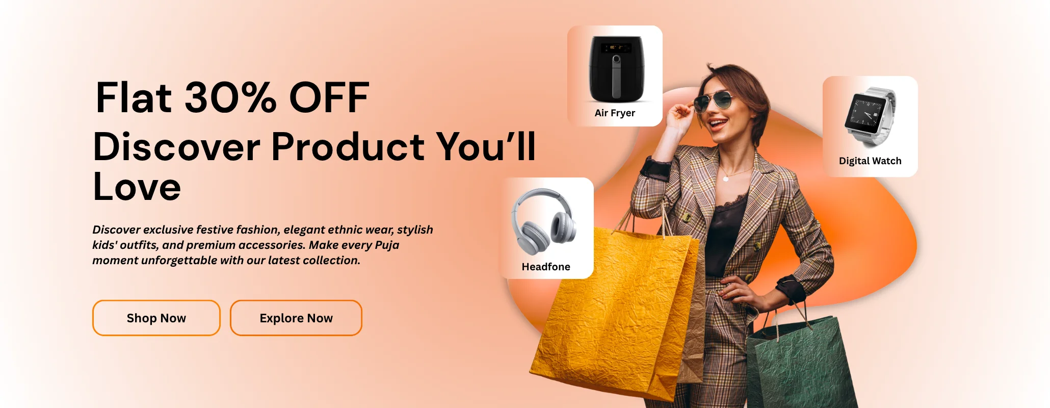 Premium eCommerce banner showcasing trendy men's fashion, women's clothing, kids wear, footwear, accessories, home essentials, and lifestyle products with exclusive shopping offers.