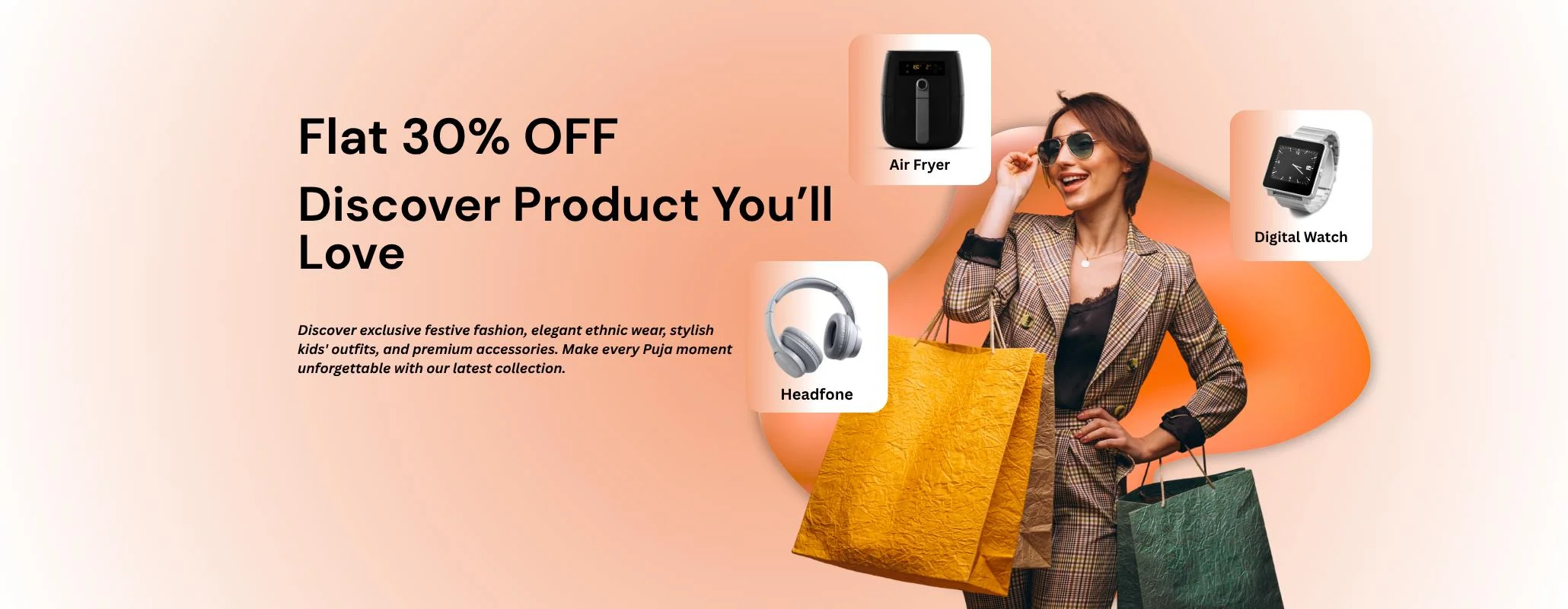 Premium eCommerce banner showcasing trendy men's fashion, women's clothing, kids wear, footwear, accessories, home essentials, and lifestyle products with exclusive shopping offers.