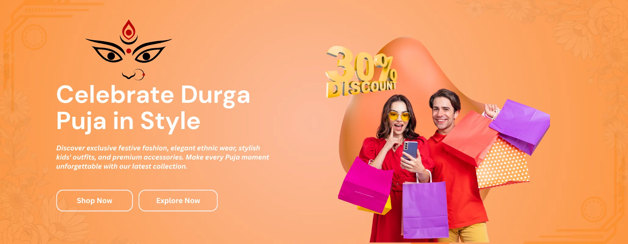 Premium eCommerce banner showcasing trendy men's fashion, women's clothing, kids wear, footwear, accessories, home essentials, and lifestyle products with exclusive shopping offers.