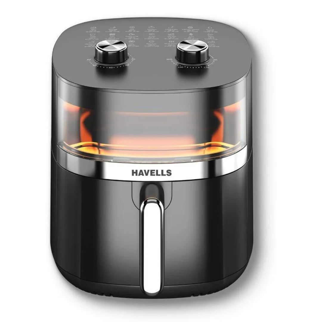 Havells black air fryer with transparent cooking window, dual control knobs, and front pull-out basket for convenient oil-free cooking.
