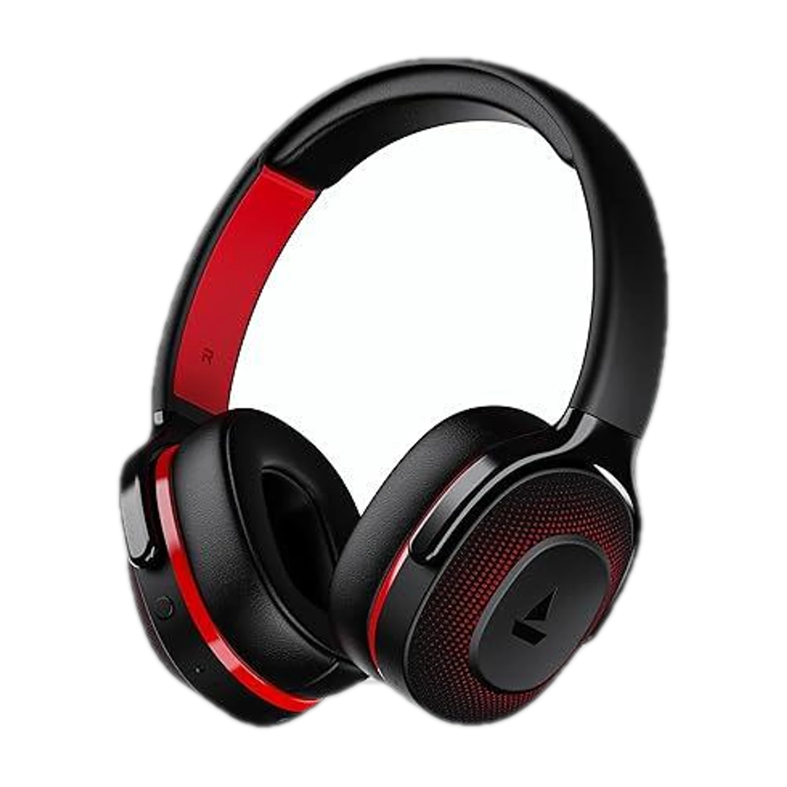 Black and red over-ear headphones with cushioned ear cups, padded headband, and stylish gaming-inspired design for music, gaming, and entertainment.